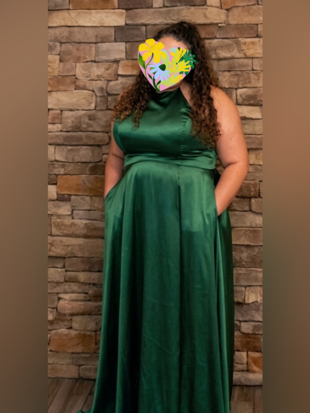 Blondie Nites Emerald Green Satin Maxi Dress with Pockets